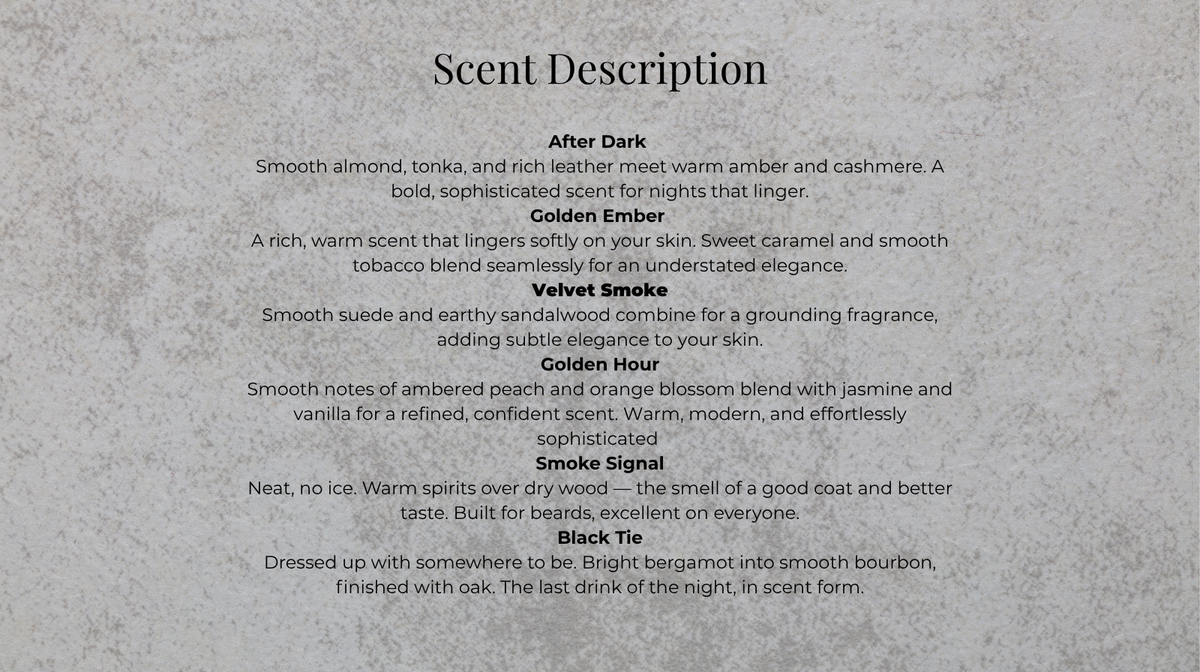 Beard oil bottle with black cap and dropper, placed on a textured surface with a scent description sheet behind it.