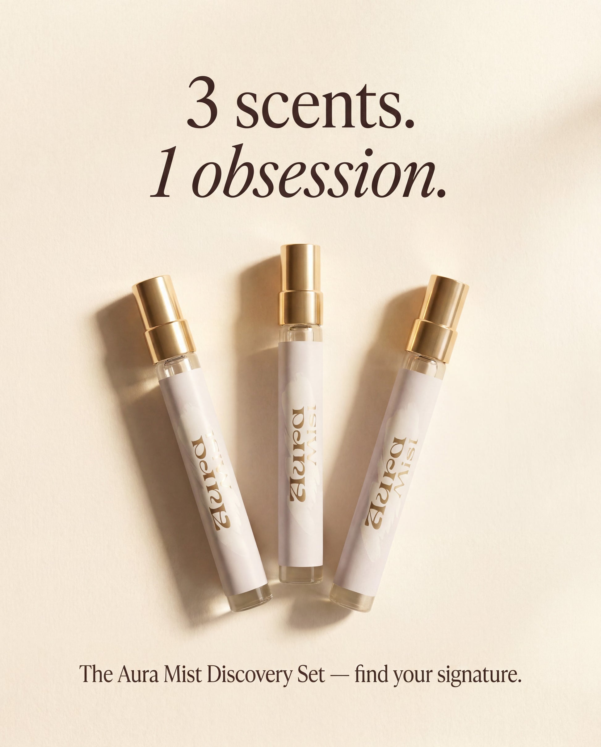 Sunflower Rx Aura Mist Discovery Set featuring three 10ml bottles of aromatic facial mists in a sleek display.