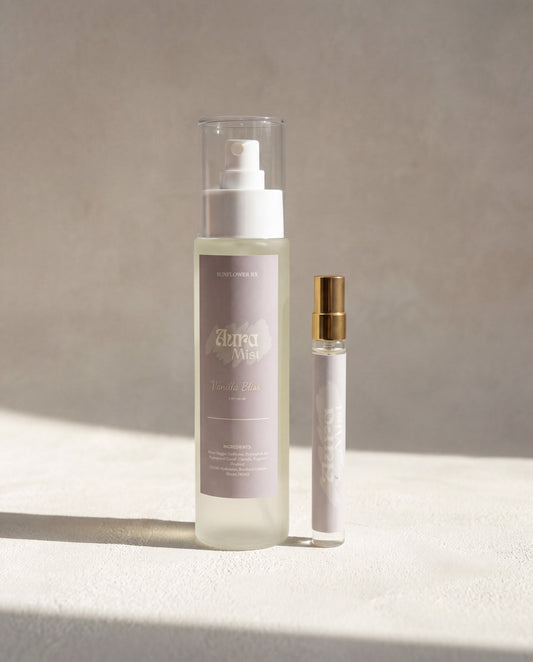 10ml Aura Mist by Sunflower Rx in a sleek glass spray bottle, designed for refreshing and aromatic use.