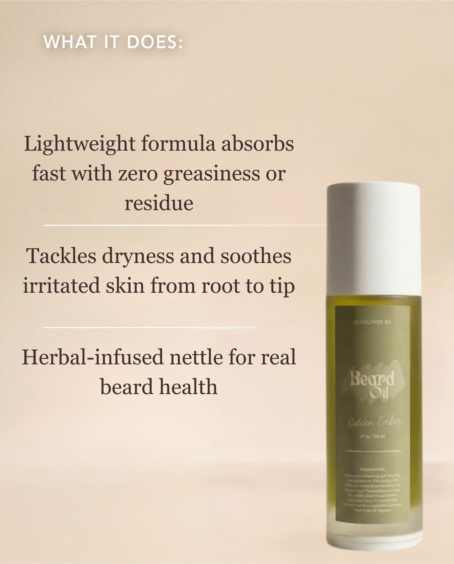 Sunflower Rx beard oil bottle with dropper, showcasing nourishing beard grooming product in a sleek packaging.