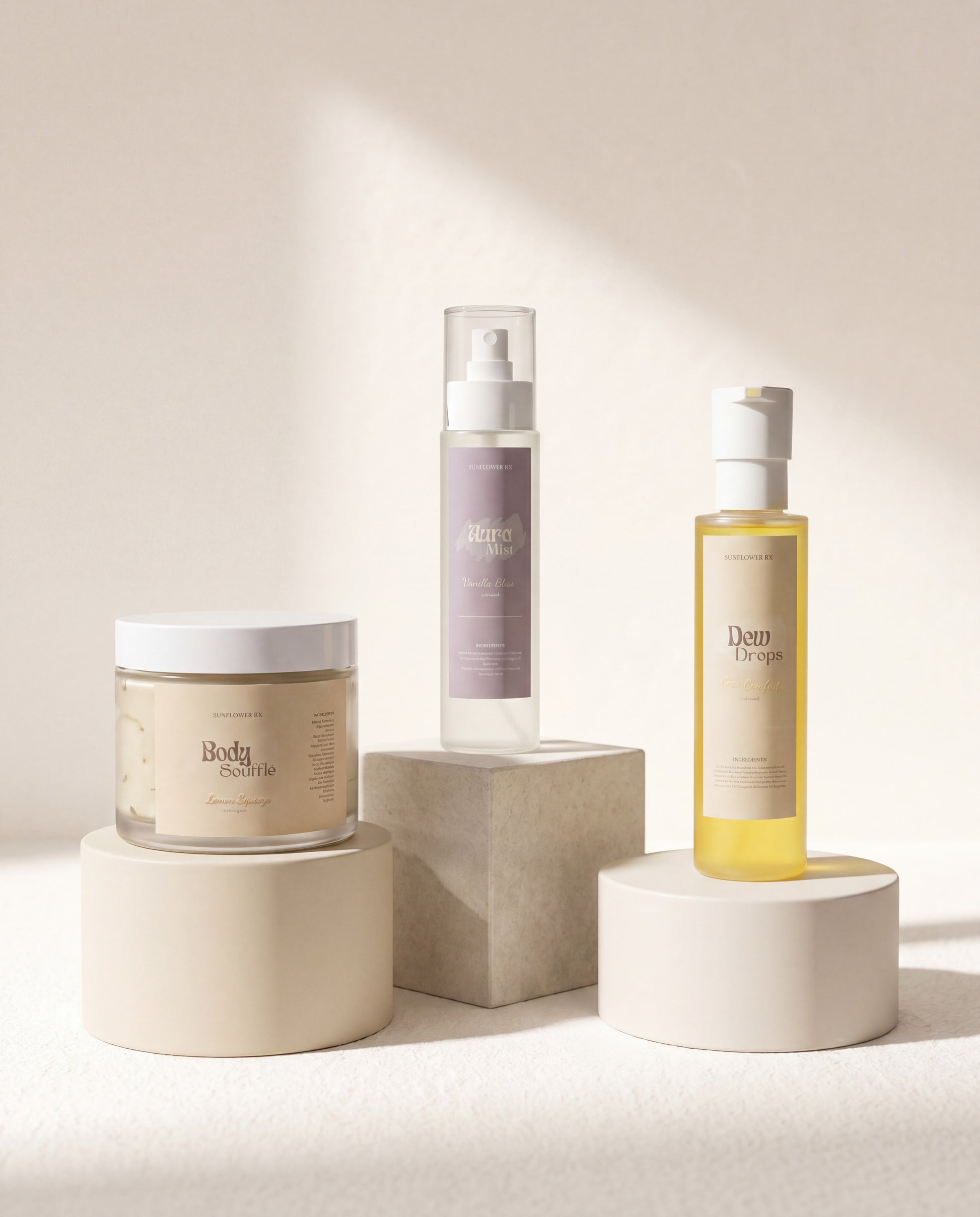 Sunflower Rx Glow Trio featuring three glowing skincare products in sleek packaging, designed for radiant skin enhancement.