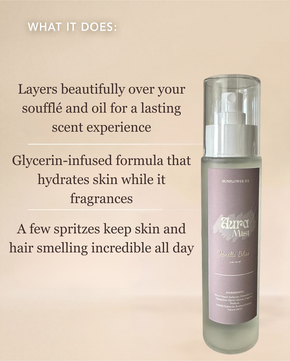 Sunflower Rx Aura Mist in a clear spray bottle with a minimalist label, ready for refreshing or aromatherapy use.